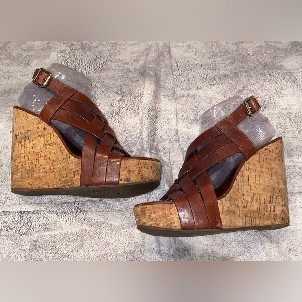 WORN 10x Tory Burch Ace Gladiator Wedges Heel Sandals Strappy 8.5 Leather Cork - Picture 2 of 9